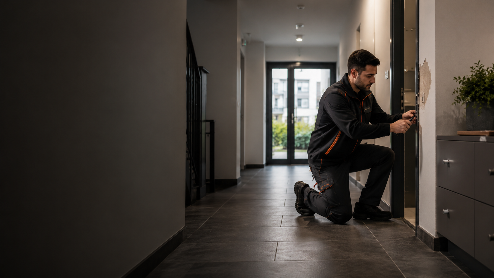 Innenbereich eines Objekts für Montagearbeiten, Türen und Schadenbeseitigung