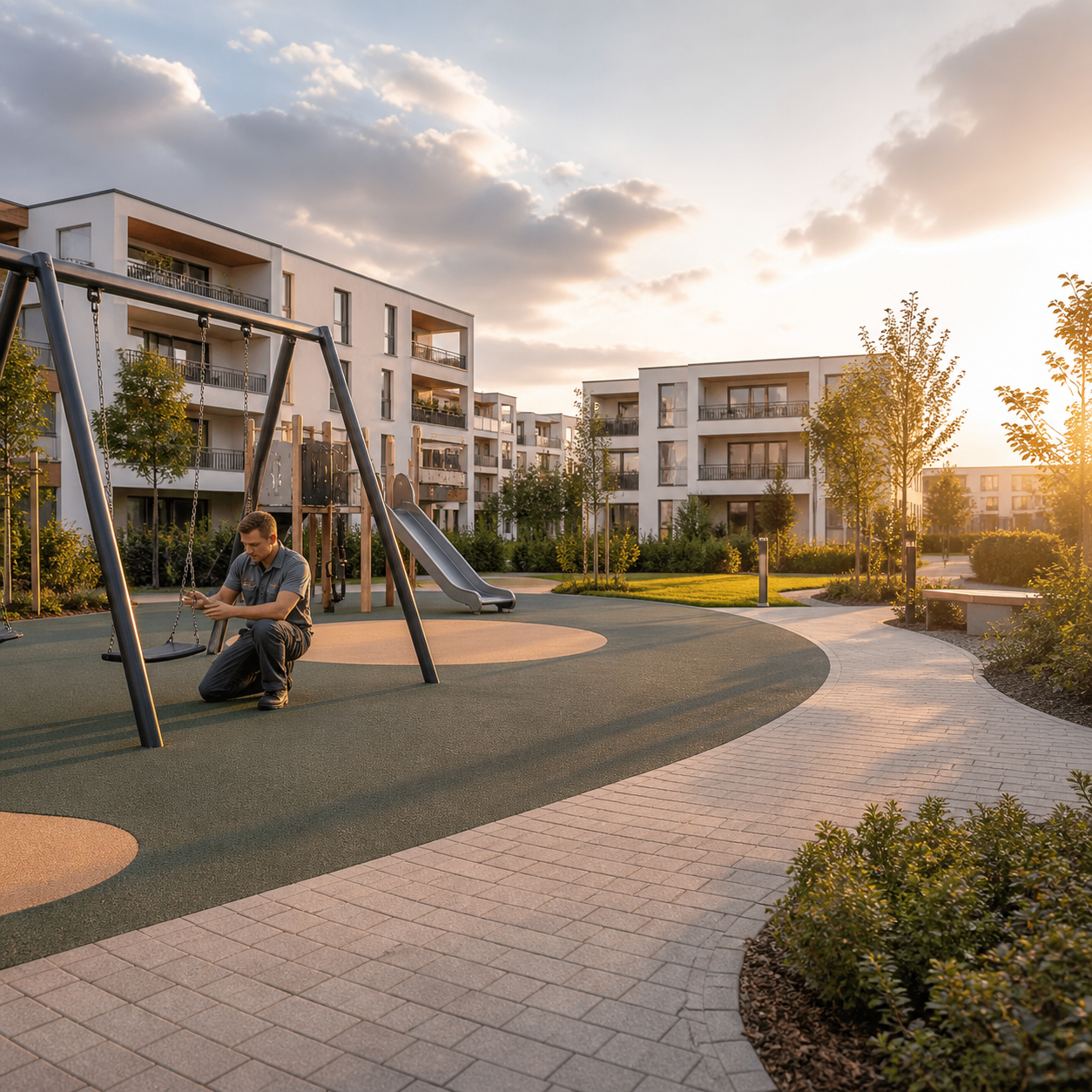 Gepflegter Spielplatz in einer Wohnanlage als Beispiel für Spielplatzservice und Sichtprüfung