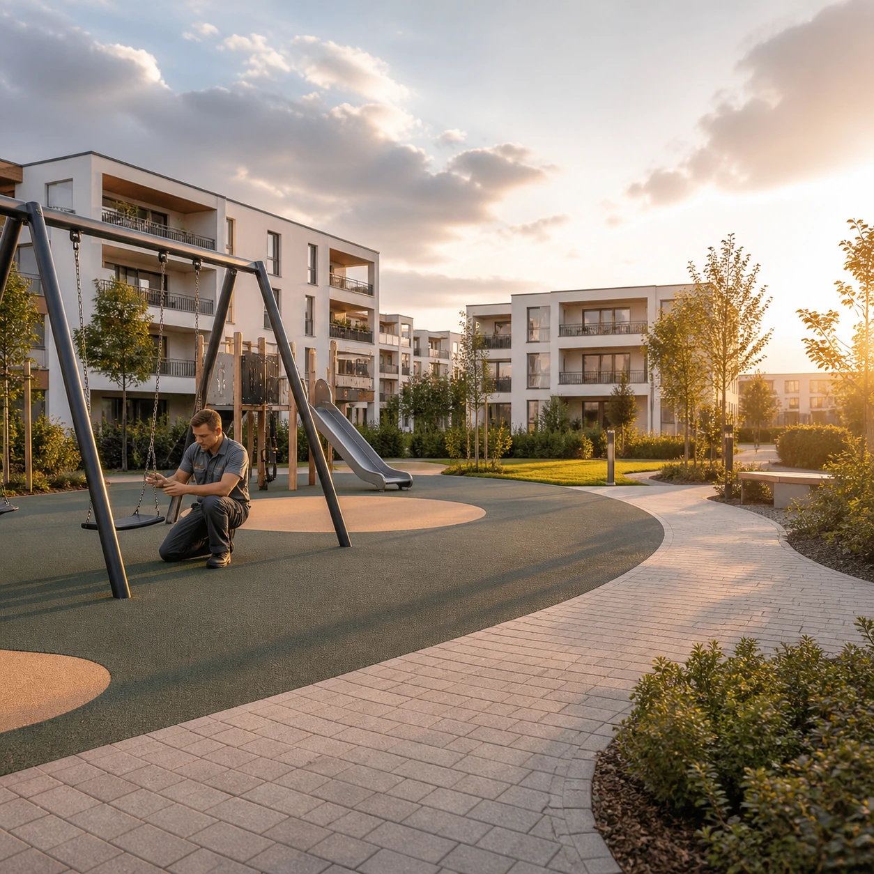 Gepflegter Spielplatz in einer Wohnanlage als Beispiel für Spielplatzservice und Sichtprüfung