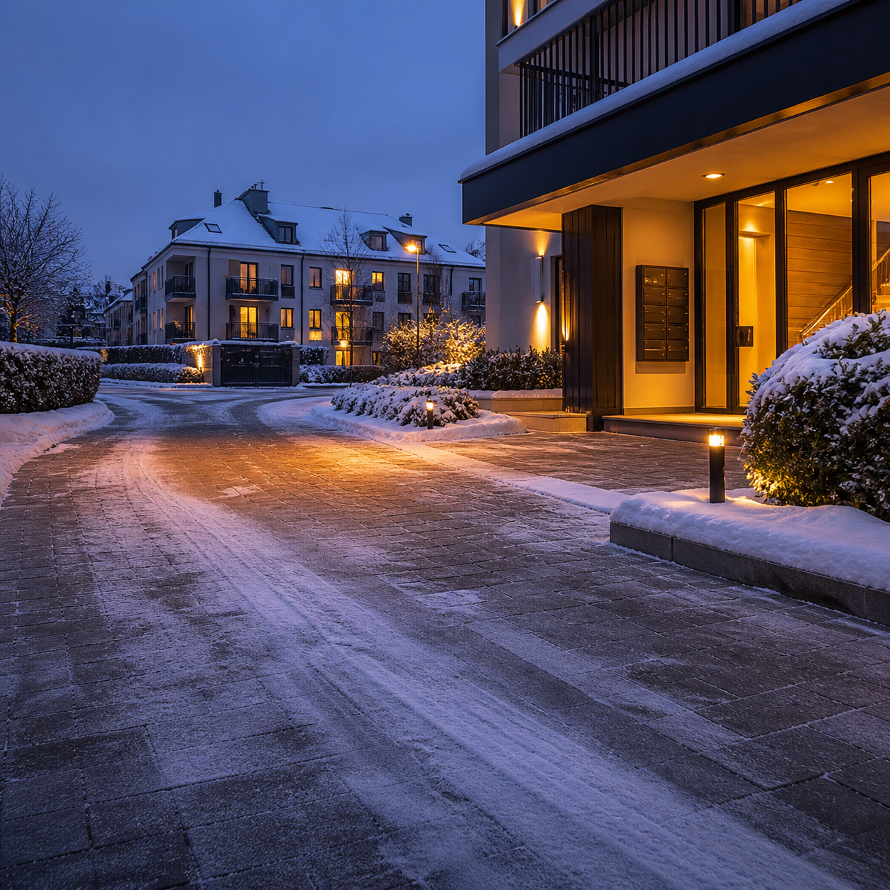 Winterlicher Eingangsbereich einer Immobilie als Beispiel für Winterdienst und sichere Zugänge