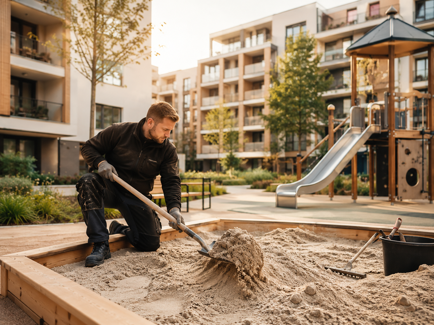 Gepflegte Spielfläche und Außenanlage mit Spielgeräten