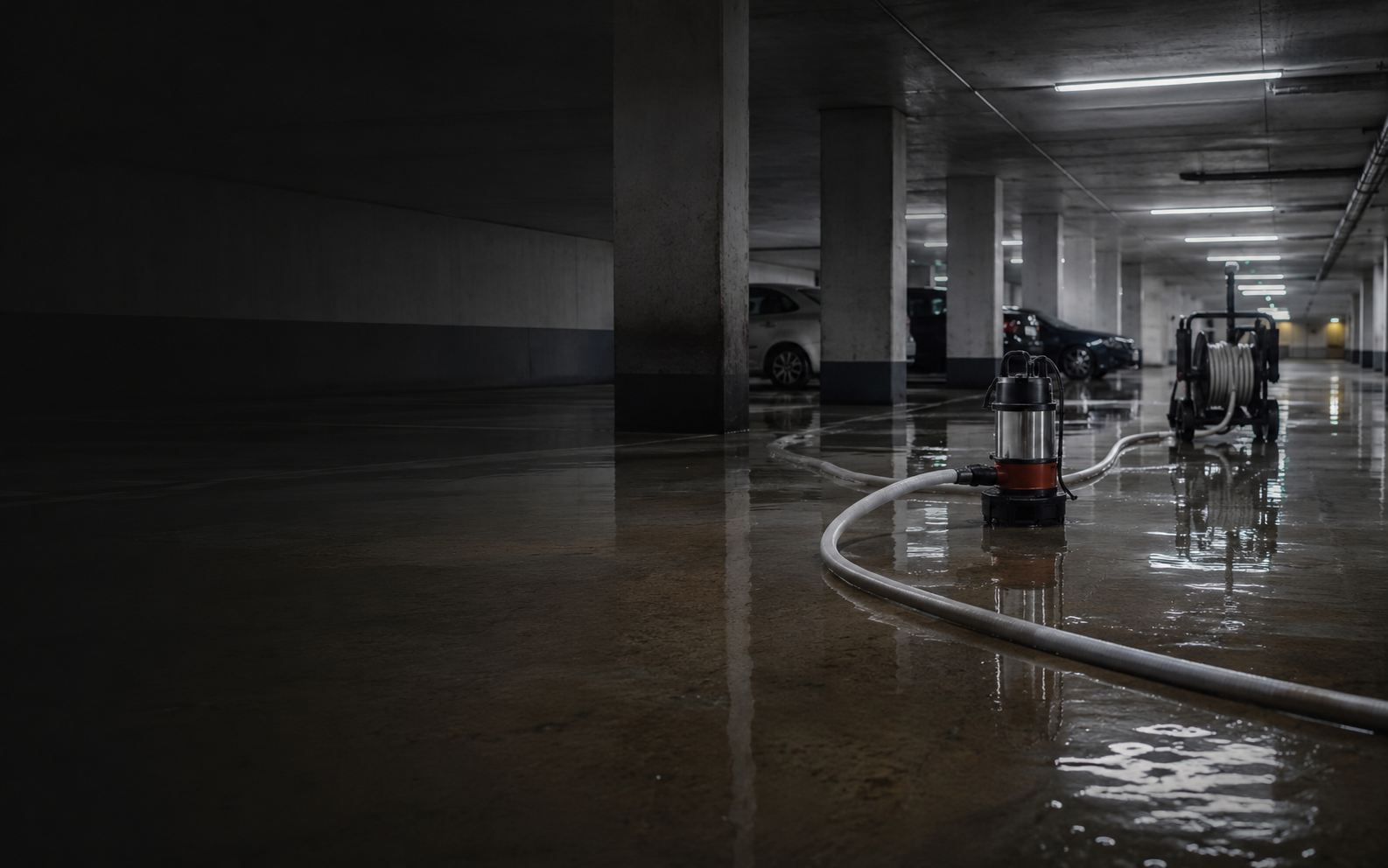 Abpumparbeiten in einer überfluteten Tiefgarage