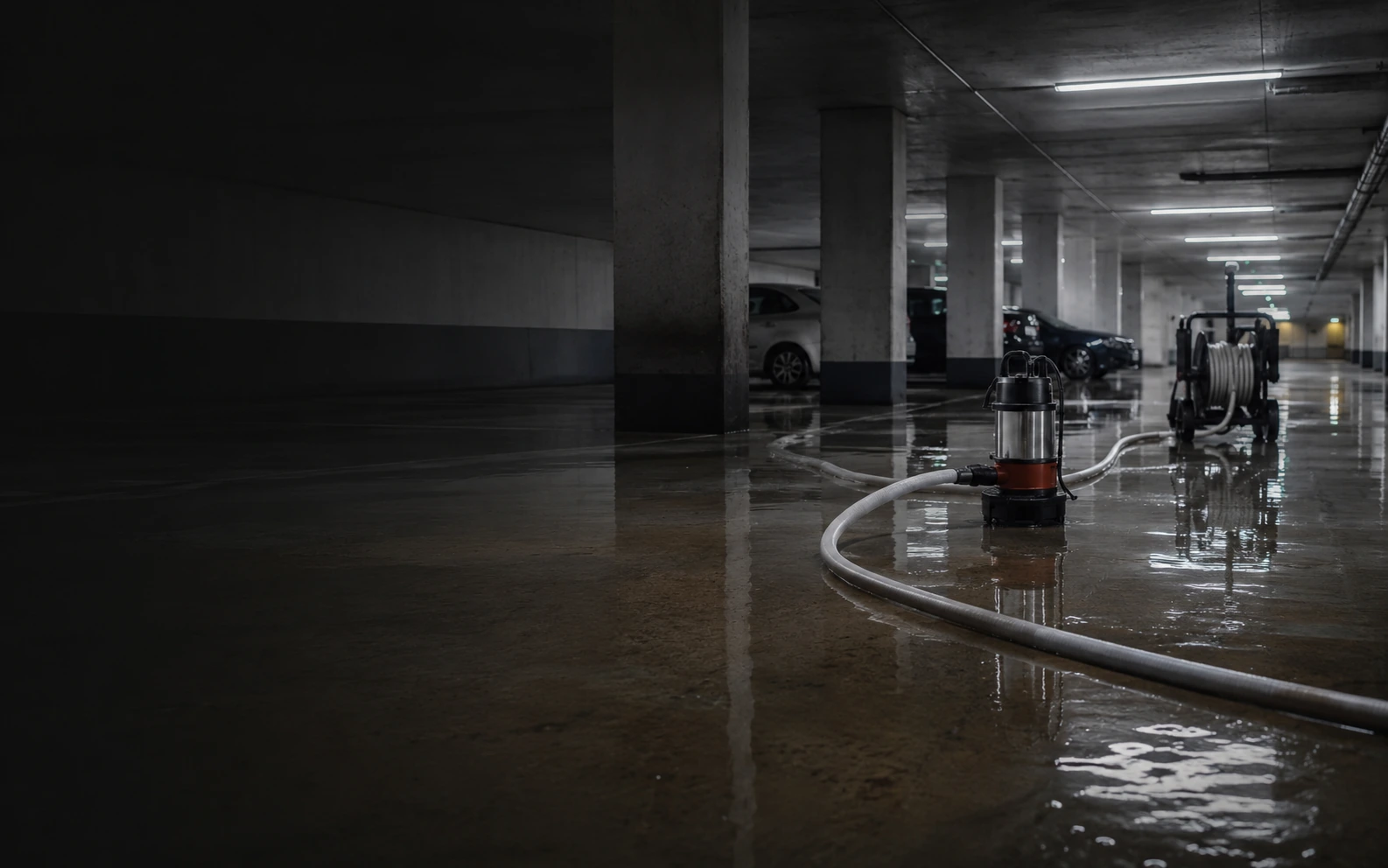 Abpumparbeiten in einer überfluteten Tiefgarage